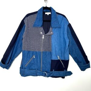 Boho Oversized Boxy Fit Patchwork Denim Jacket Mixed Media Belted Y2K Grunge